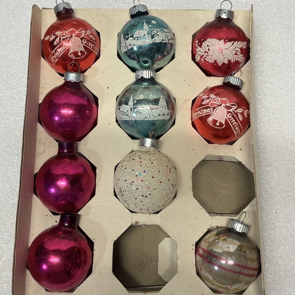 Vintage Shiny Brite Box 10 Glass Christmas Ornaments mica stencils 2"